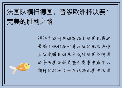 法国队横扫德国，晋级欧洲杯决赛：完美的胜利之路
