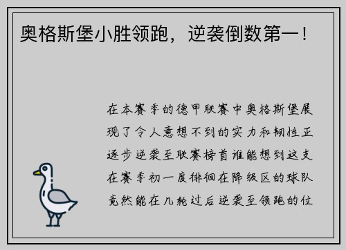 奥格斯堡小胜领跑，逆袭倒数第一！