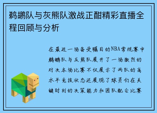 鹈鹕队与灰熊队激战正酣精彩直播全程回顾与分析