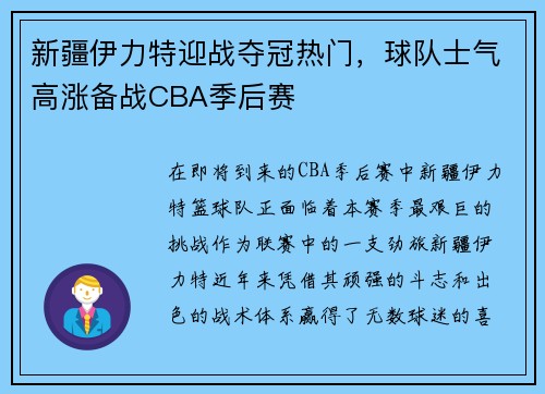 新疆伊力特迎战夺冠热门，球队士气高涨备战CBA季后赛