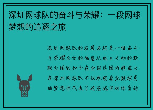 深圳网球队的奋斗与荣耀：一段网球梦想的追逐之旅