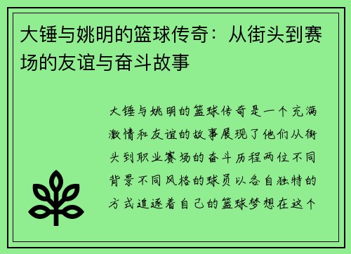 大锤与姚明的篮球传奇：从街头到赛场的友谊与奋斗故事