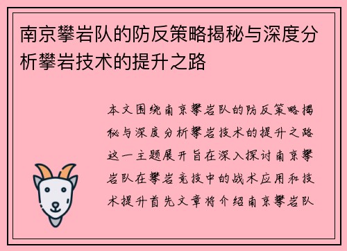 南京攀岩队的防反策略揭秘与深度分析攀岩技术的提升之路