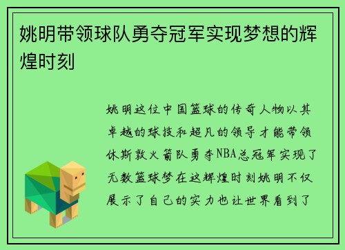 姚明带领球队勇夺冠军实现梦想的辉煌时刻