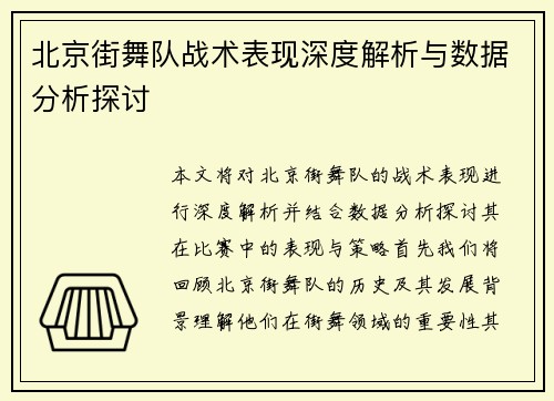 北京街舞队战术表现深度解析与数据分析探讨