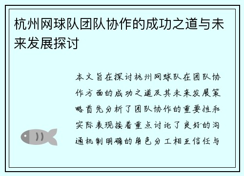 杭州网球队团队协作的成功之道与未来发展探讨